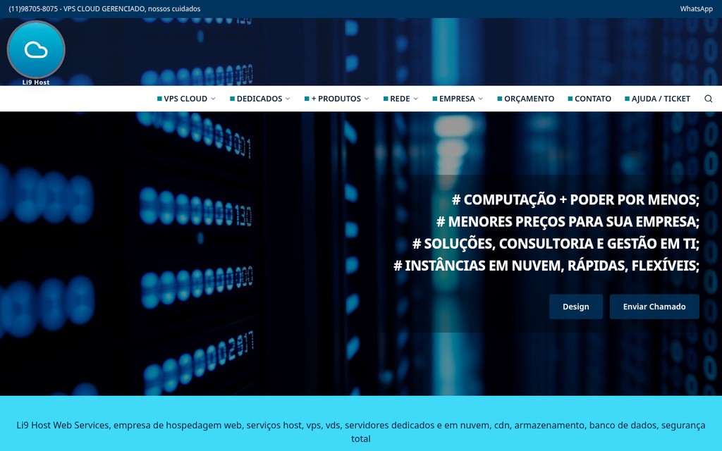 Captura real da página inicial da Li9 Host, com servidores em nuvem e serviços de hospedagem web